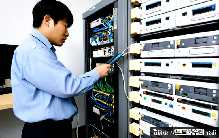감정동 파일서버출장방문수리점 - Photorealistic on-site file server repair in a compact industrial office, technician connecting diag...