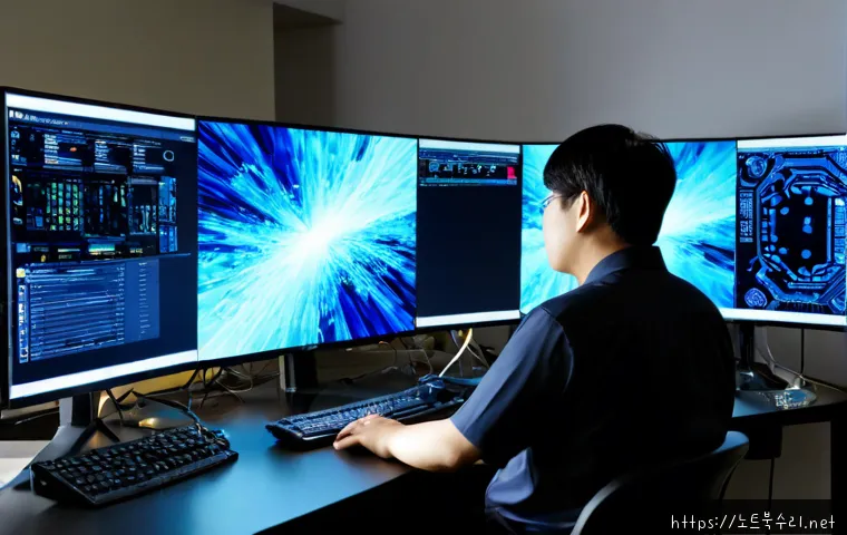 신흥동 STATUS_KERNEL_DATA_CORRUPTION - Photorealistic IT support workstation in a compact Sinheung-dong office, dual monitors showing abstr...