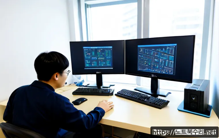 내수동 STATUS_RESOURCE_NOT_OWNED - Photorealistic IT support workstation in a compact Naesu-dong office, dual monitors showing abstract...