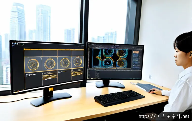 반포동 KERNEL_SECURITY_CHECK_FAILURE - Photorealistic premium workstation in a quiet Banpo apartment office, dual monitors showing abstract...