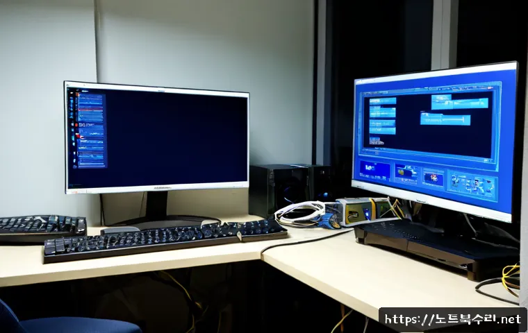 반송동 VIDEO_TDR_FAILURE - Photorealistic PC repair workstation in a compact Bansong-dong apartment office, dual monitors showi...