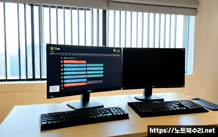 충현동 MULTIPLE_IRP_COMPLETE_REQUESTS - Photorealistic IT support workstation in a modern Chungcheon-dong office, dual monitors showing a cl...