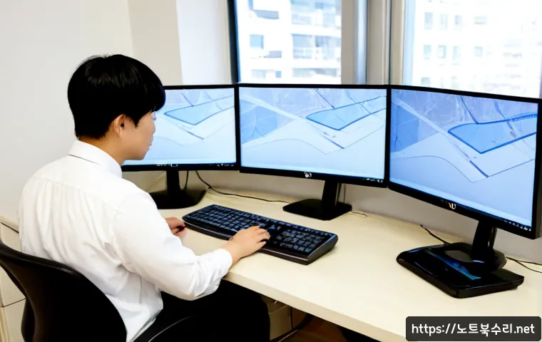 호계동 STATUS_IMAGE_INVALID - Photorealistic remote IT support workstation in a compact Korean office, dual monitors showing abstr...