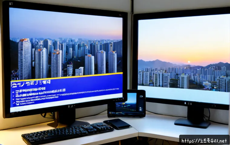방이동 CRITICAL_PROCESS_DIED - Photorealistic IT support workstation in Bangi-dong, Seoul, dual monitors showing a blank cobalt sys...