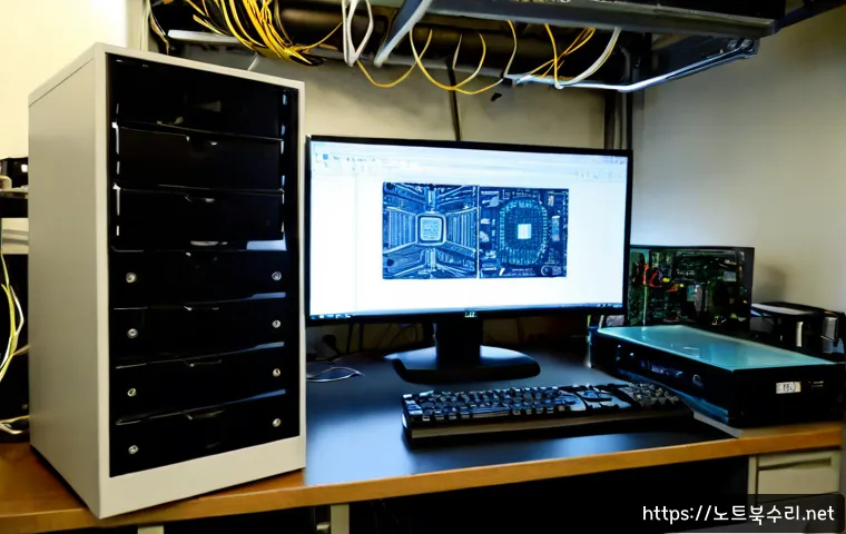 입정동 KERNEL_STACK_INPAGE_ERROR - Photorealistic compact computer repair desk in an Ipjeong-dong mixed-use workshop, desktop tower ope...