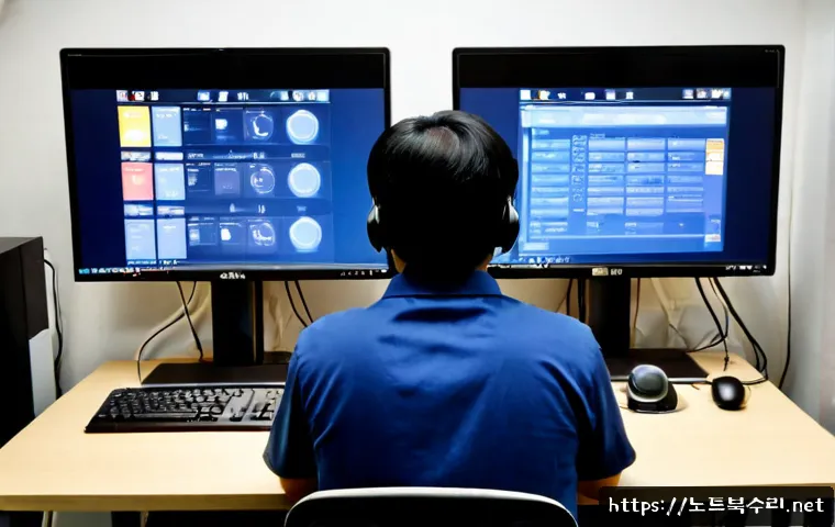 비전동 부팅불가 - Photorealistic remote-support workstation in a compact Vision-dong apartment, desktop computer froze...