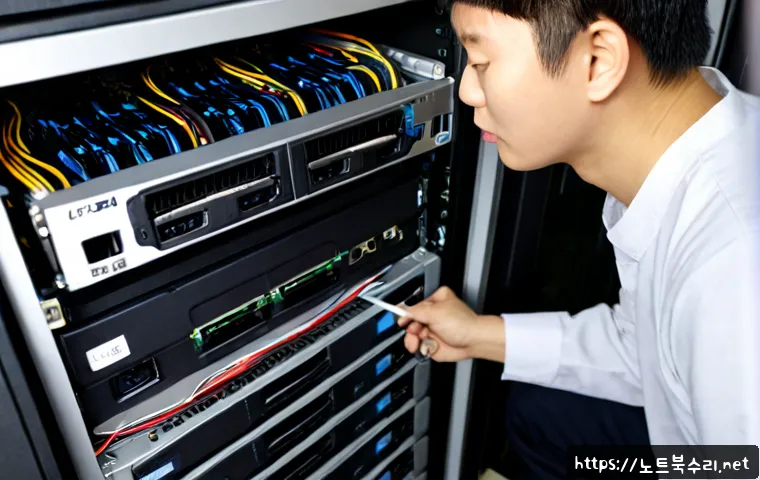 불로동 파일서버출장방문수리점 - Photorealistic on-site file server repair in a compact Bullo-dong office, technician replacing a hot...