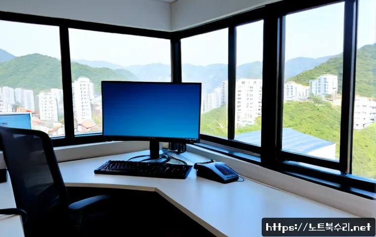 서대문구 STATUS_KERNEL_BOOT_FAILURE - Photorealistic IT support workstation in a compact Seodaemun-gu office, dual monitors with a blank b...
