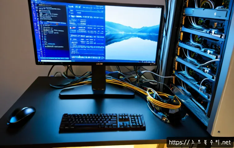 현천동 PAGE_FAULT_IN_NONPAGED_AREA - Photorealistic IT support workstation in Hyeoncheon-dong, desktop monitor frozen on an abstract blue...