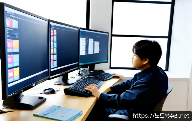 당동 CDFS_FILE_SYSTEM - Photorealistic IT support workstation in a compact Dangdong apartment office, dual monitors showing ...