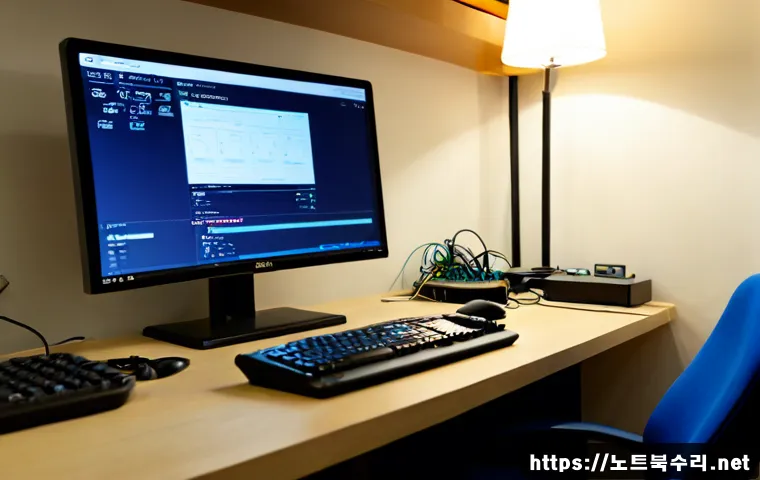 안녕동 신호없음 - Photorealistic remote-support workstation in a compact Korean apartment, desktop monitor showing a b...