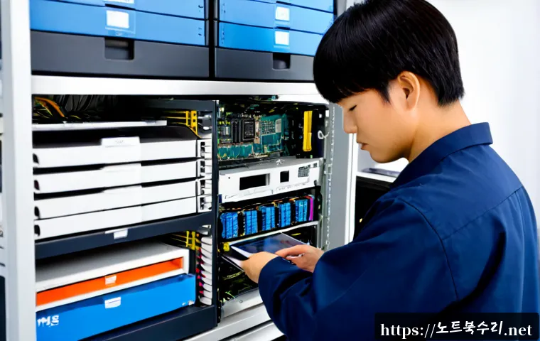 효제동 NAS출장방문수리점 - Photorealistic NAS repair technician servicing a compact multi-bay storage server at a tidy Hyoje-do...