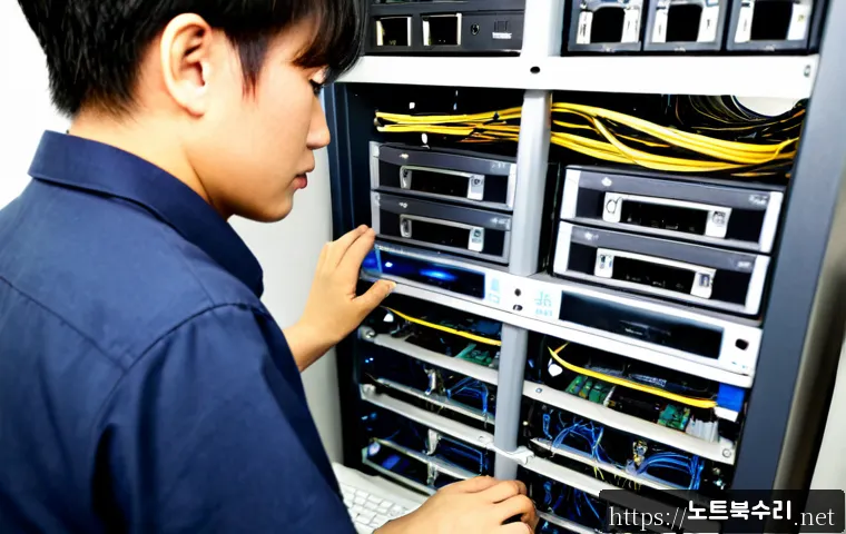 용문동 NAS출장방문수리점 - Photorealistic on-site NAS repair in a compact Yongmun-dong office, technician connecting a small fo...
