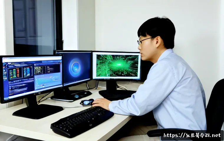 고천동 STATUS_KERNEL_STACK_CORRUPTION - Photorealistic IT support workstation in a compact Gocheon-dong office, dual monitors showing abstra...