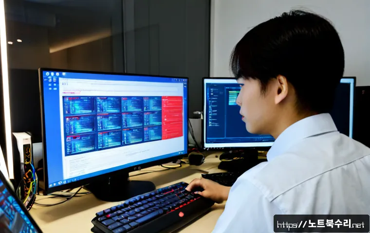 갈산동 STATUS_MEMORY_ACCESS_DENIED - Photorealistic IT support workstation in a compact Galsan-dong office, dual monitors showing abstrac...