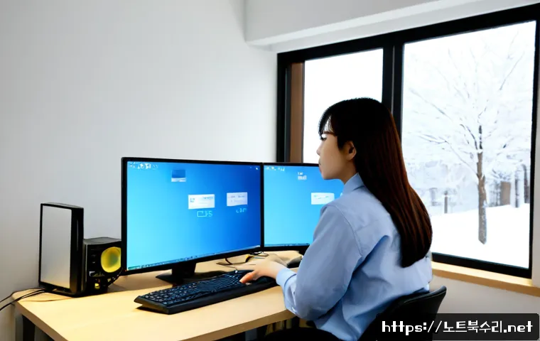 배양동 프로그램응답없음 - Photorealistic modern workstation in a compact Korean neighborhood office, frustrated technician fac...
