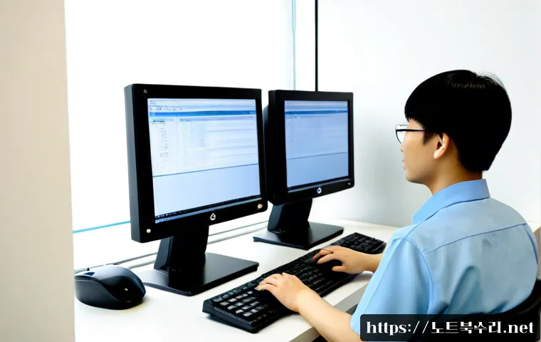 정왕동 STATUS_SYSTEM_FILE_MISSING - Photorealistic remote-support workstation in a compact Siheung industrial office, dual monitors show...