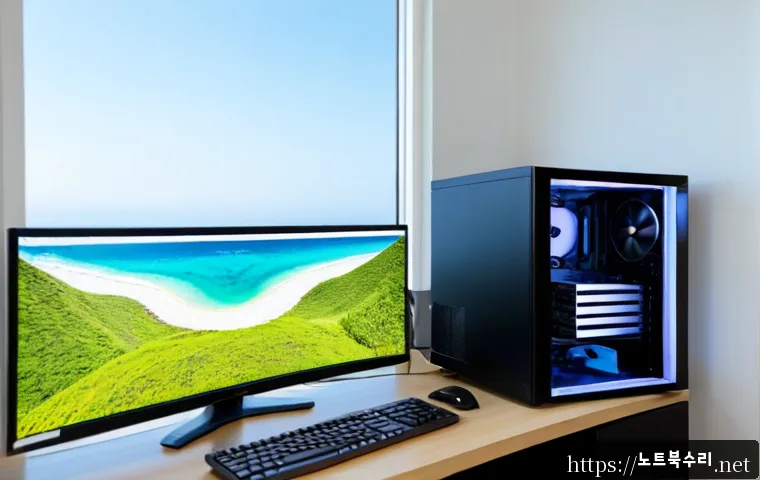 백령면 조립컴퓨터 pc 출장판매설치 - Photorealistic remote-support technician installing a newly assembled desktop PC in a bright Baengny...