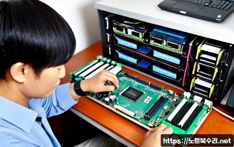 봉양동 RAM조립 및 교체수리 - Photorealistic desktop PC repair bench in a compact Bongyang-dong office, technician carefully insta...