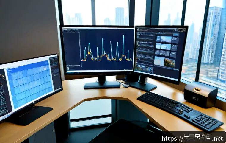 상암동 STATUS_FLOAT_INVALID_OPERATION - Photorealistic software support workstation in a sleek digital-media office, dual monitors showing a...