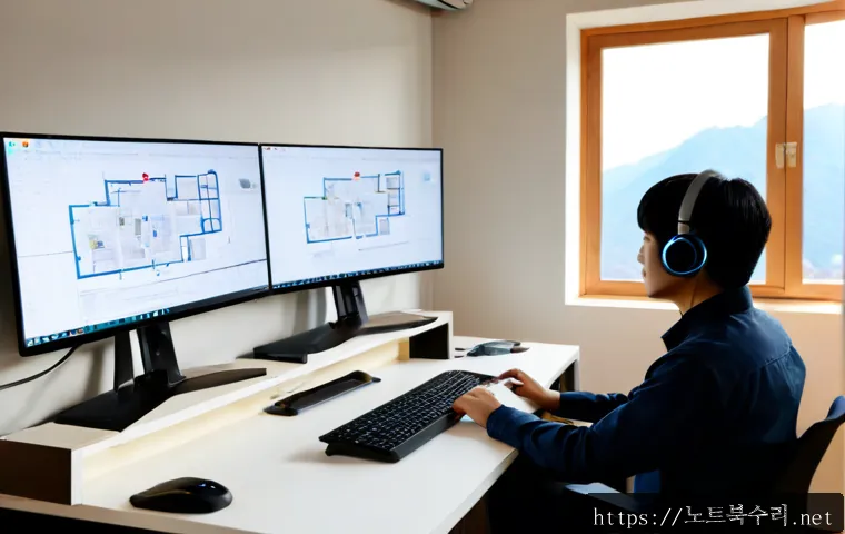 방학동 STATUS_FLOAT_INEXACT_RESULT - Photorealistic remote-support workstation in a compact Dobong-gu apartment office, dual monitors dis...