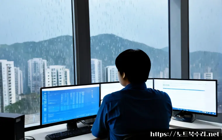 비전동 KERNEL_DATA_INPAGE_ERROR - Photorealistic IT support workstation in a modern Vision-dong office, dual monitors showing a blank ...