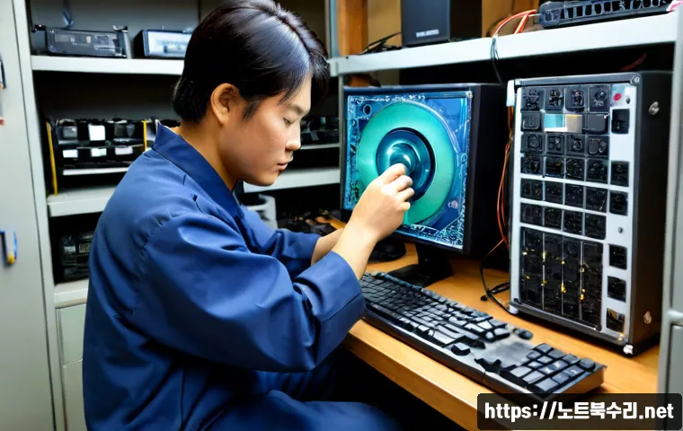 대포동 HDD조립 및 교체수리 - Photorealistic computer repair bench in a compact Daepodong electronics workshop, technician careful...