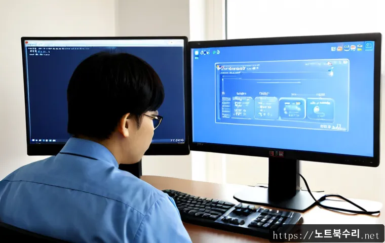도마교동 STATUS_KERNEL_SECURITY_CHECK - Photorealistic IT support workstation in a modern apartment office near a quiet Korean residential d...