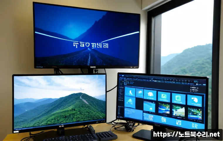남산동 FAT32_FILE_SYSTEM - Photorealistic IT support workstation in Namsan-dong, Seoul, dual monitors showing a clean abstract ...