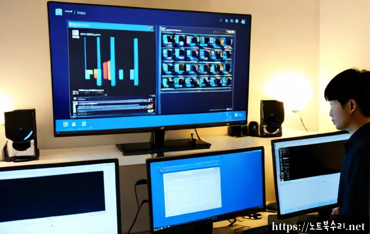 삼송동 IRQL_NOT_LESS_OR_EQUAL - Photorealistic remote IT support workstation in a modern Samsong-dong apartment office, dual monitor...