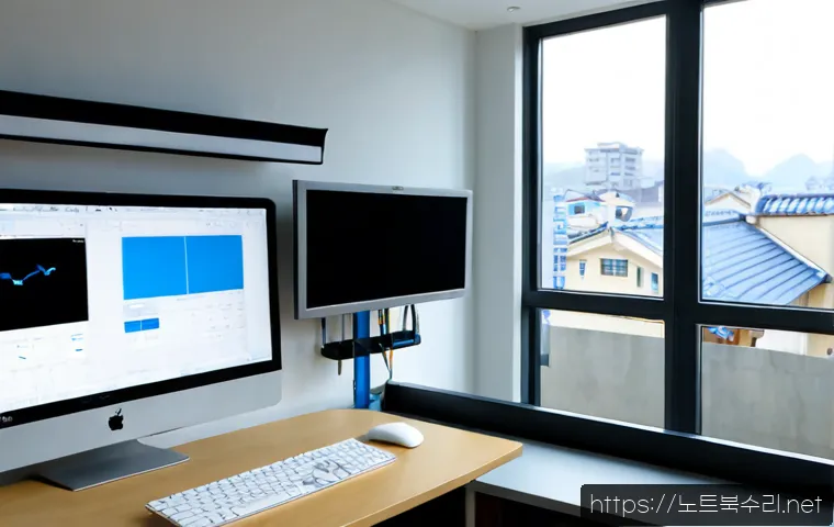 포일동 STATUS_KERNEL_HEAP_CORRUPTION - Photorealistic architectural workstation in a quiet Foil-dong apartment office, dual monitors showin...