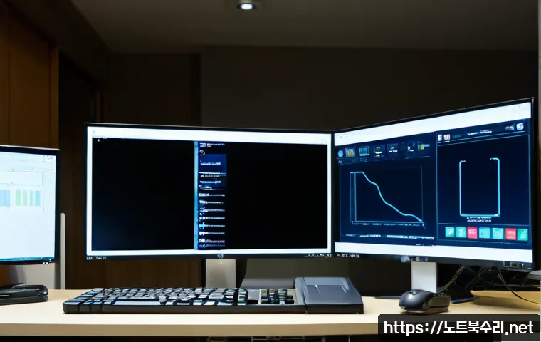 관고동 STATUS_NETWORK_ACCESS_DENIED - Photorealistic IT support workstation in a quiet Korean provincial office, dual monitors showing a b...