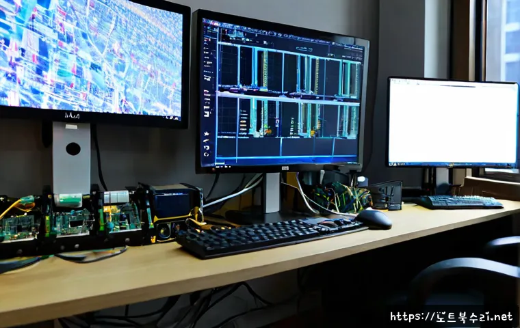 중계동 PAGE_TABLE_CORRUPT - Photorealistic IT support workstation in a modern Junggye-dong apartment office, dual monitors showi...