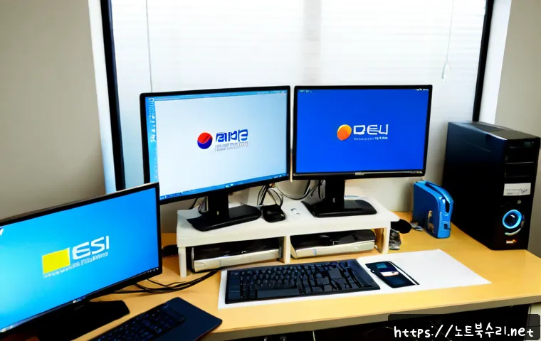둔전동 MACHINE_CHECK_EXCEPTION - Photorealistic remote IT support workstation in a compact Dunjjeon-dong engineering office, dual mon...