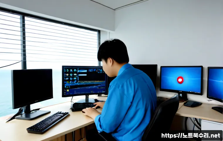 율목동 BAD_POOL_CALLER - Photorealistic remote-support workstation in a compact Yulmok-dong office, dual monitors showing a b...