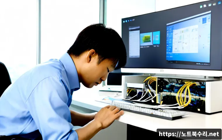선유동 THREAD_TERMINATION_PORT - Photorealistic IT support workstation in a compact riverside Seoul office, technician inspecting a s...