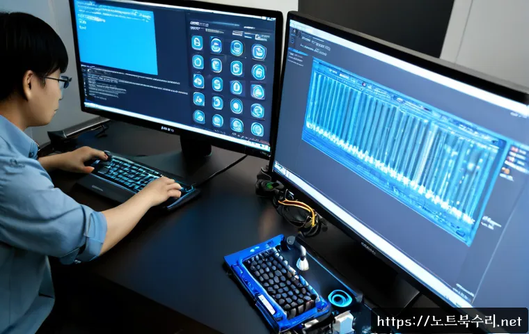 선감동 HAL_INITIALIZATION_FAILED - Photorealistic IT support workstation in a modern digital media office, dual monitors showing a blan...