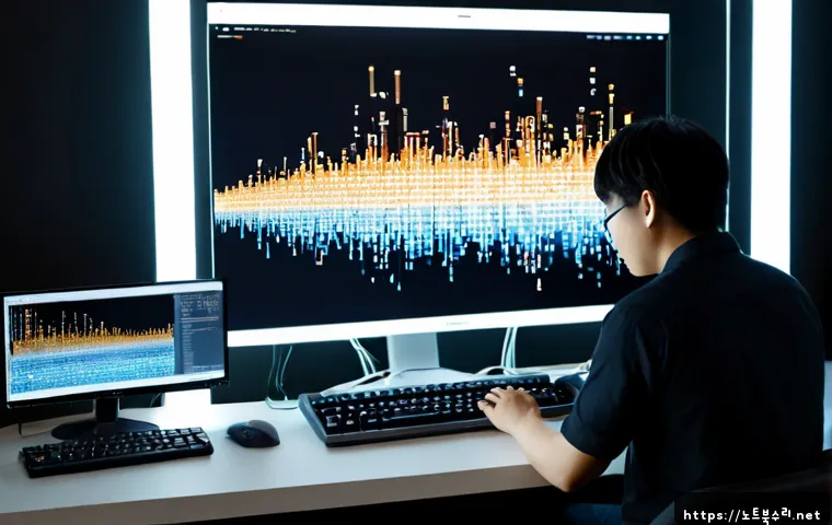 능동 STATUS_STACK_UNDERFLOW - Photorealistic software engineer at a dual-monitor workstation, abstract code-like blocks cascading ...