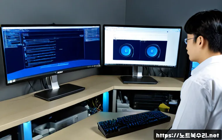 사음동 KERNEL_DATA_INPAGE_ERROR - Photorealistic IT support workstation in a quiet industrial office near Sacheum-dong, dual monitors ...