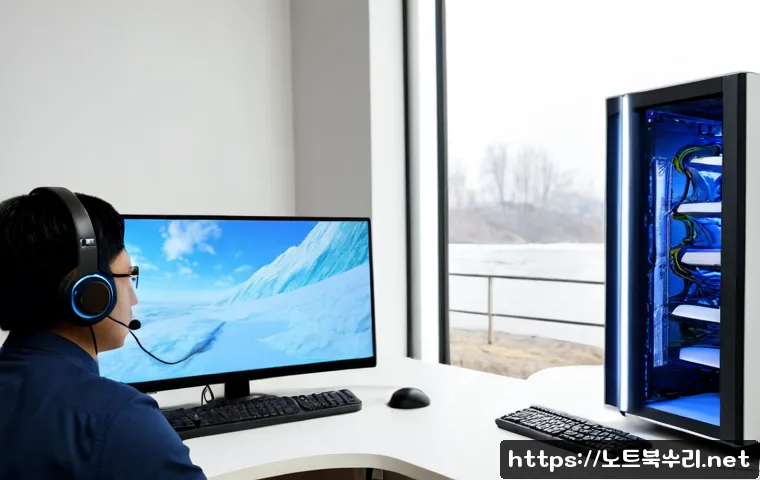 북변동 WIN32K_LOCK_HELD_TOO_LONG - Photorealistic IT support workstation in a compact riverside neighborhood office, dual monitors show...
