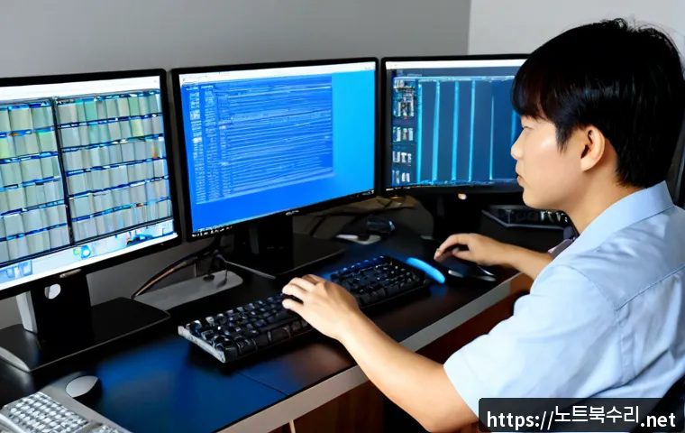 인헌동 PAGE_TABLE_CORRUPT - Photorealistic IT support workstation in a compact hillside neighborhood office, dual monitors showi...