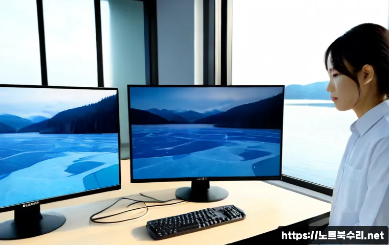 의왕시 WIN32K_POWER_WATCHDOG_TIMEOUT - Photorealistic IT support workstation in a modern office near a calm lakeside district, dual monitor...