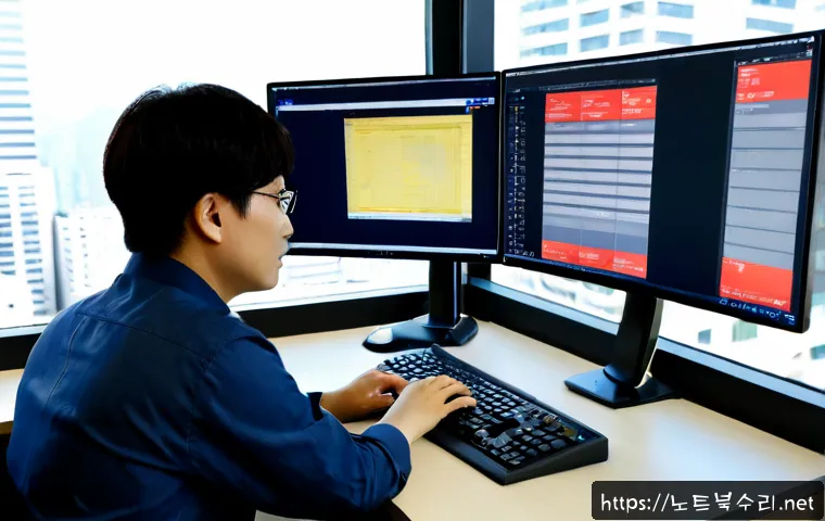 충정로 STATUS_FILE_READ_FAILURE - Photorealistic remote-support workstation in a compact Chungjeongno office, dual monitors showing a ...