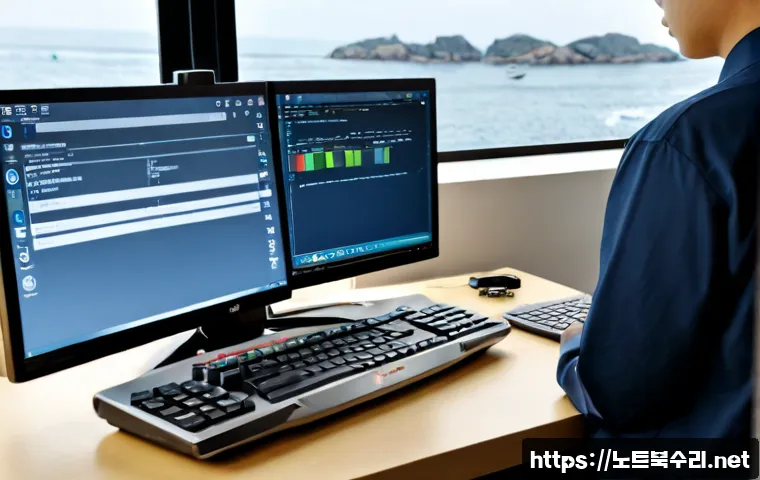 풍도동 STATUS_SESSION_TIMEOUT - Photorealistic remote-support workstation in a quiet coastal Korean island office, dual monitors sho...