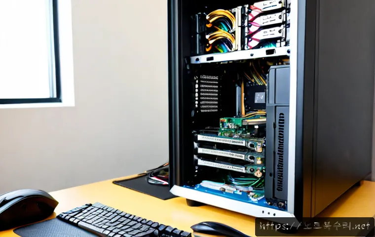 소흘읍 메인보드조립 및 교체수리 - Photorealistic PC repair workstation in a compact Soheul-eup neighborhood office, technician careful...