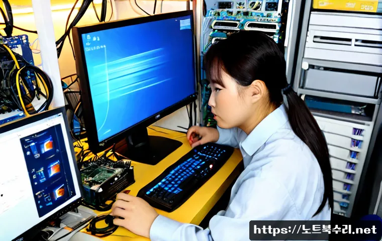 황학동 STATUS_KERNEL_BOOT_FAILURE - Photorealistic computer repair workstation in a compact Hwanghak-dong electronics market shop, techn...