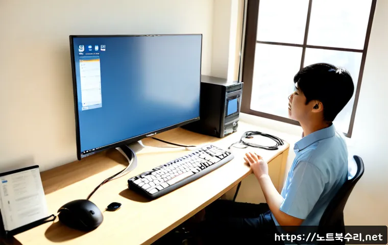 부평동 중고컴퓨터 pc 출장판매설치 - Photorealistic remote-support technician installing a refurbished desktop computer in a compact Bupy...