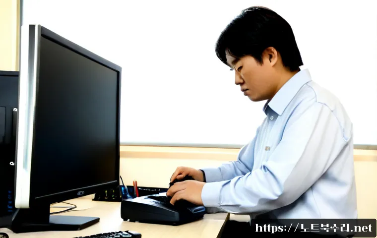 소흘읍 워크스테이션출장방문수리점 - Photorealistic on-site workstation repair in a quiet semi-rural Korean township office, technician d...