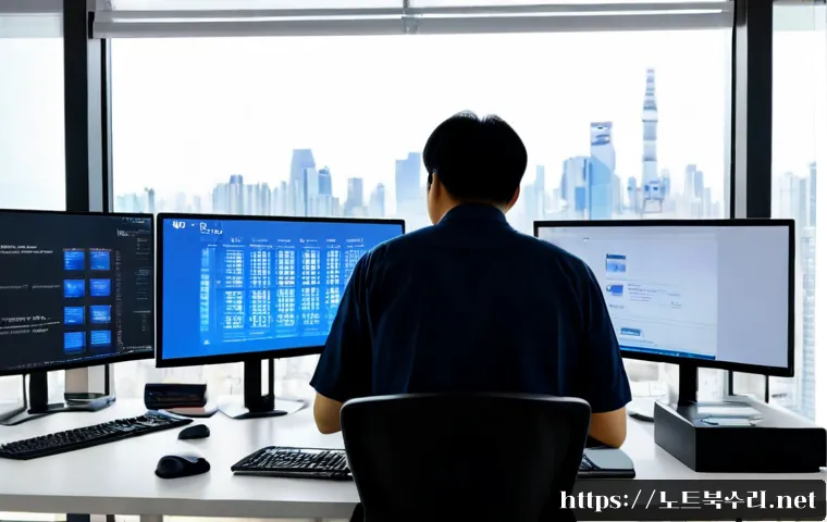 이충동 KERNEL_DATA_INPAGE_ERROR - Photorealistic IT support workstation in a modern apartment office, dual monitors showing abstract b...