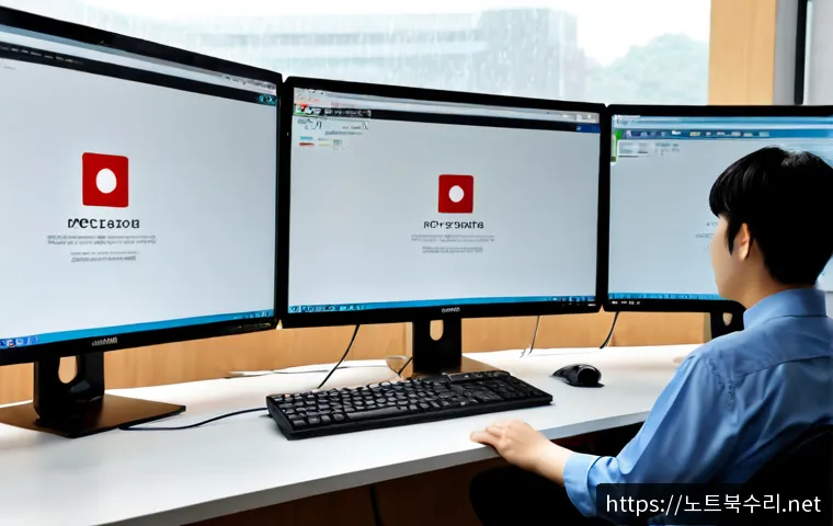 하면 STATUS_CONNECTION_REFUSED - Photorealistic IT support workstation in a modern Seoul office, dual monitors showing a clean abstra...